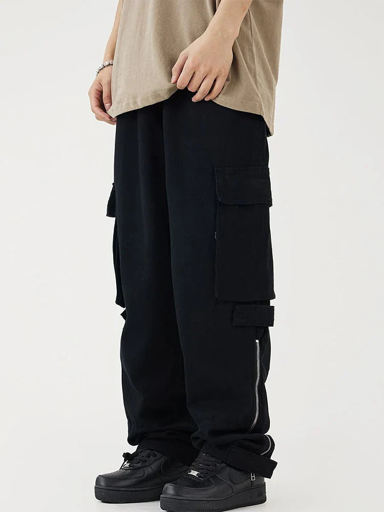 saferido Black Cargo Pants for Men Hip Hop White Cargo Trousers Male Vintage Japanese Streetwear Casual Safari Style Pocket Zip