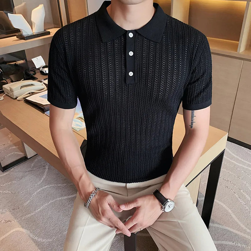 saferido British Style POLO Shirts Men Knitting Short Sleeve Shirts Solid Color Lapel Business Casual Top Summer Social Clothing 3XL