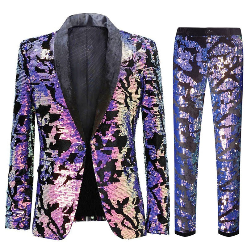 European Size (Blazer + Trousers) Men's Suit Fashion White Velvet Sequin Italian Style Wedding Wedding Groom Dress 2 Piece Set