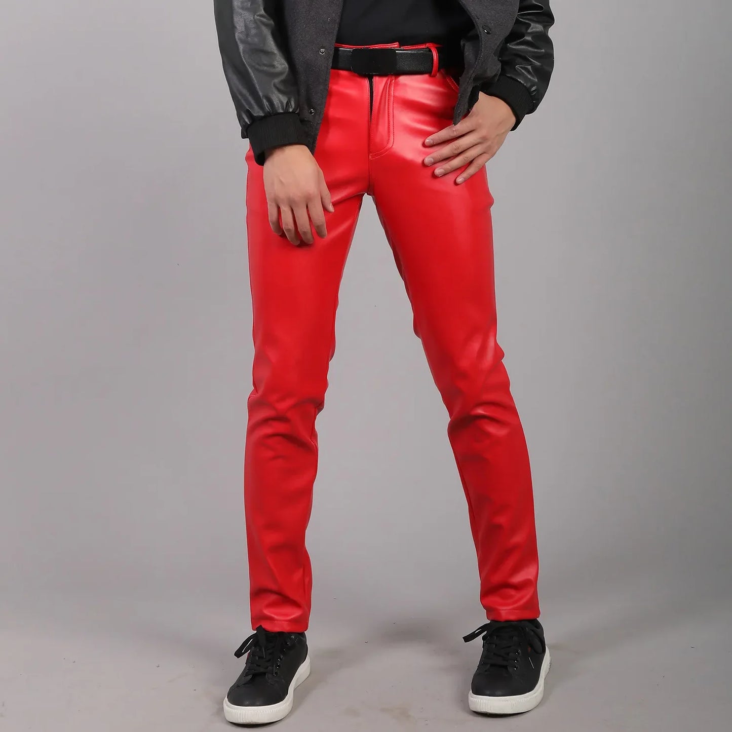 saferido Men's Leather Pants Spring Autumn Slim Fit Elastic Style Male Fashion PU Leather Trousers Moto Pants Solid Color Casual Bottoms