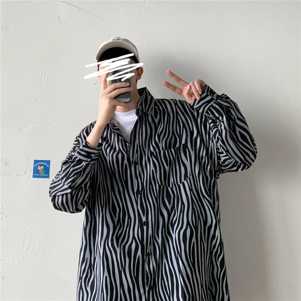 saferido Men's Classic Black and White Striped Shirt Japanese Loose Casual Large Size Couple's Model Lapel Tops Street Trendy Clothing