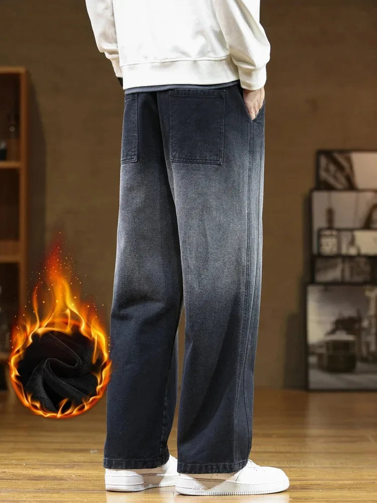 saferido Winter Men's Oversized Jeans Thicken Velvet Warm Denim Pants Wide-Leg Straight Thermal Fleece Baggy Jean Trousers