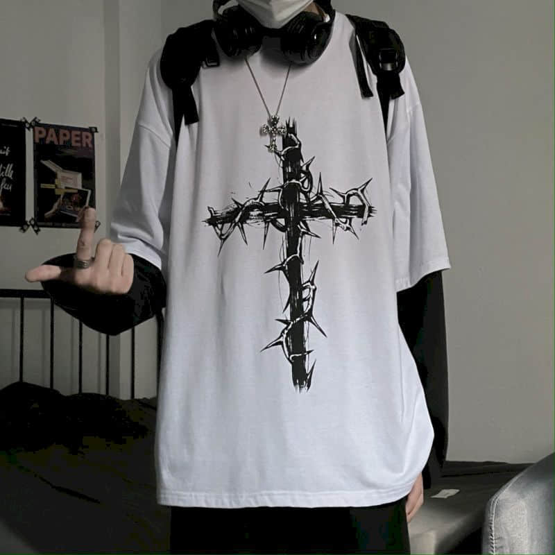T-shirt for Men Summer Cross of Thorns Suitcase Men's T-shirts Long-sleeved Dark Hip-hop Men's oversize t-shirt Y2k T Shirt