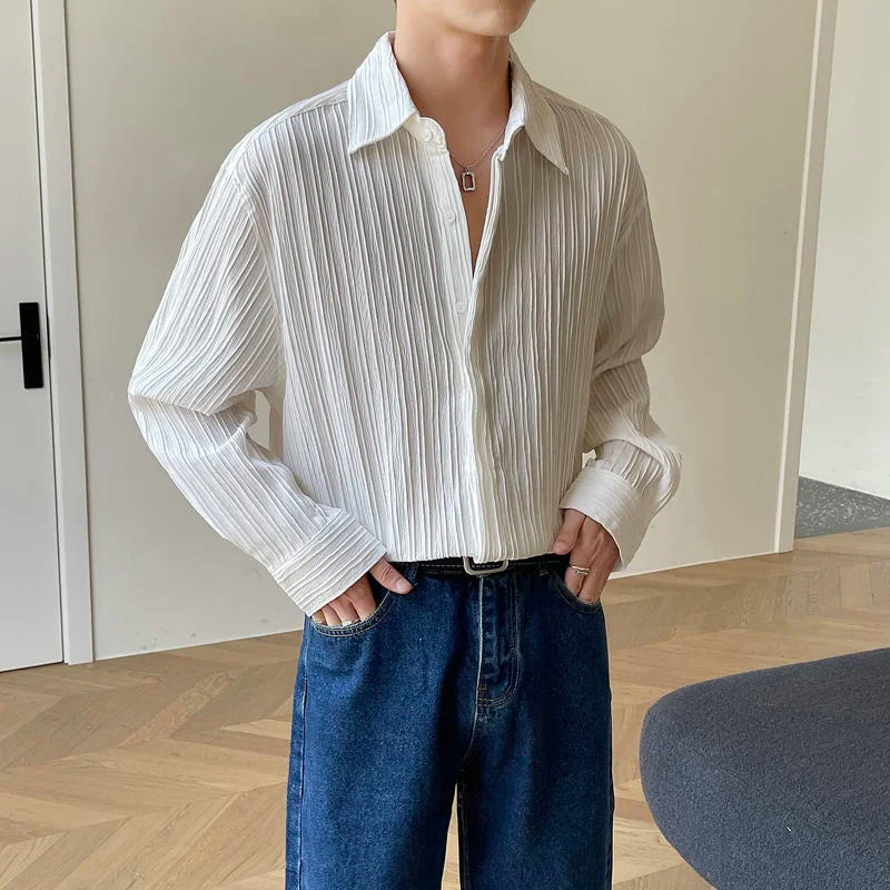 Autumn Long Sleeve Shirts Men Slim Fashion Social Mens Dress Shirts Korean Loose Casual Pleated Shirts Mens Formal Shirts M-2XL