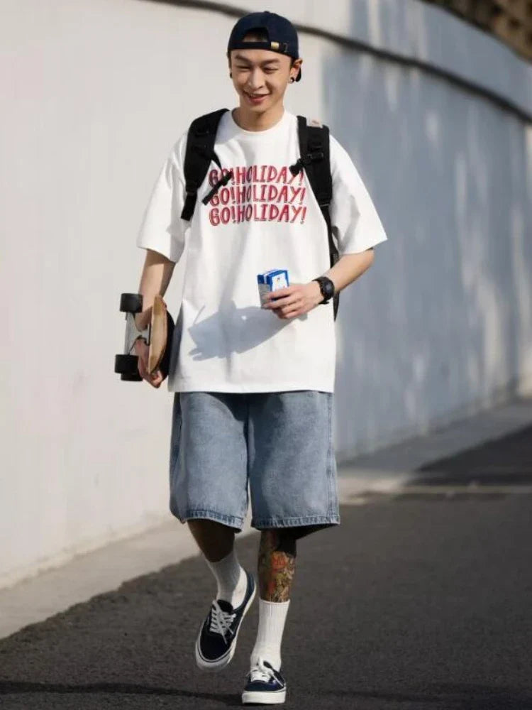 Denim Shorts Men Loose Simple Summer Popular Harajuku Japanese Style Vintage Washed Full Length All-match Streetwear College New