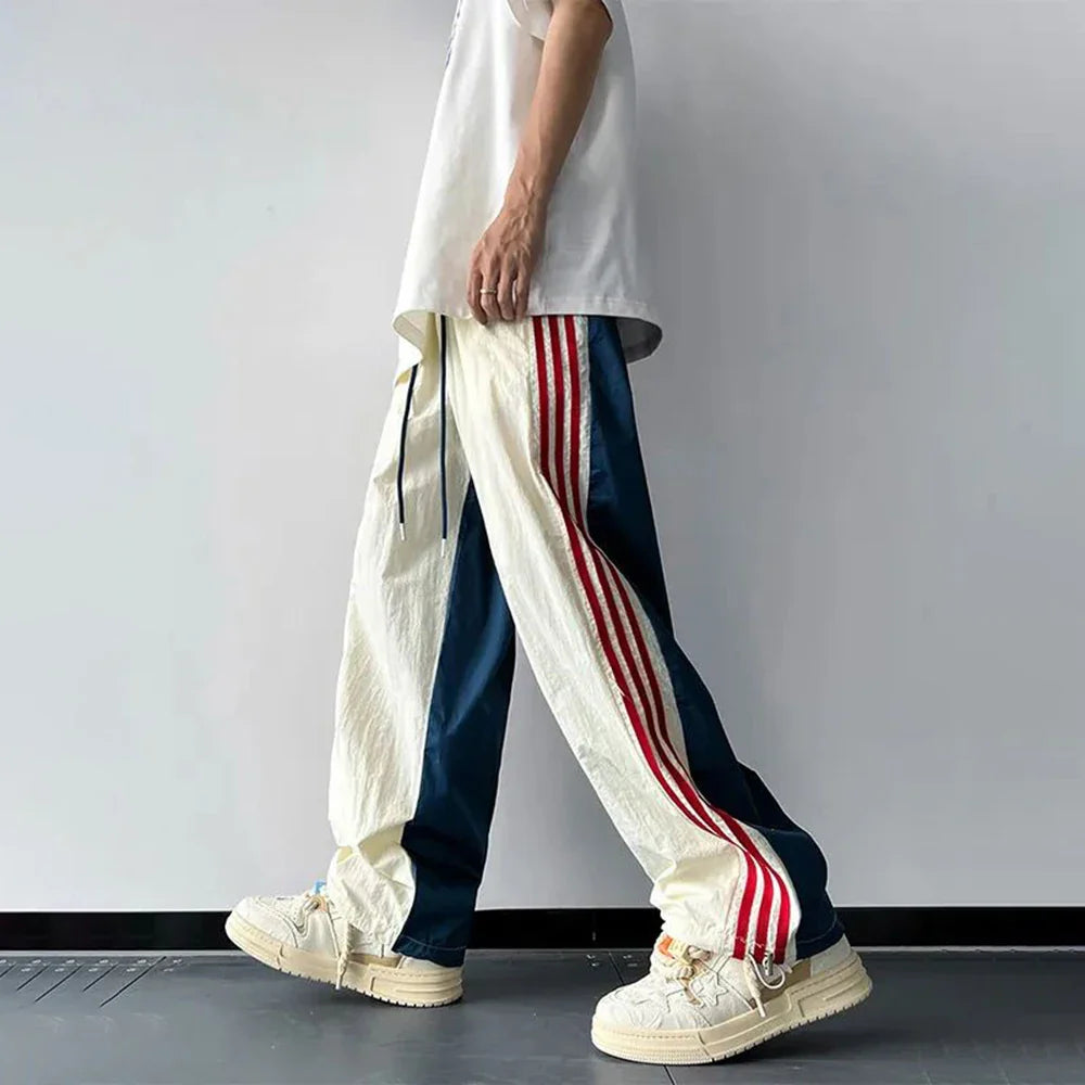 Men's Three Vertical Line Sports Pants Autumn Thin American Street Color Matching Loose Casual Striped Contrasting Color Pants
