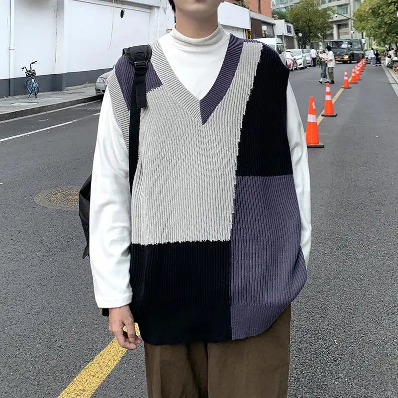 saferido Autumn New Sleeveless Knit Vest Geometric Pattern Pullovers Men's Cashmere Sweater Yellow Oversize Knitted Preppy Style Tops