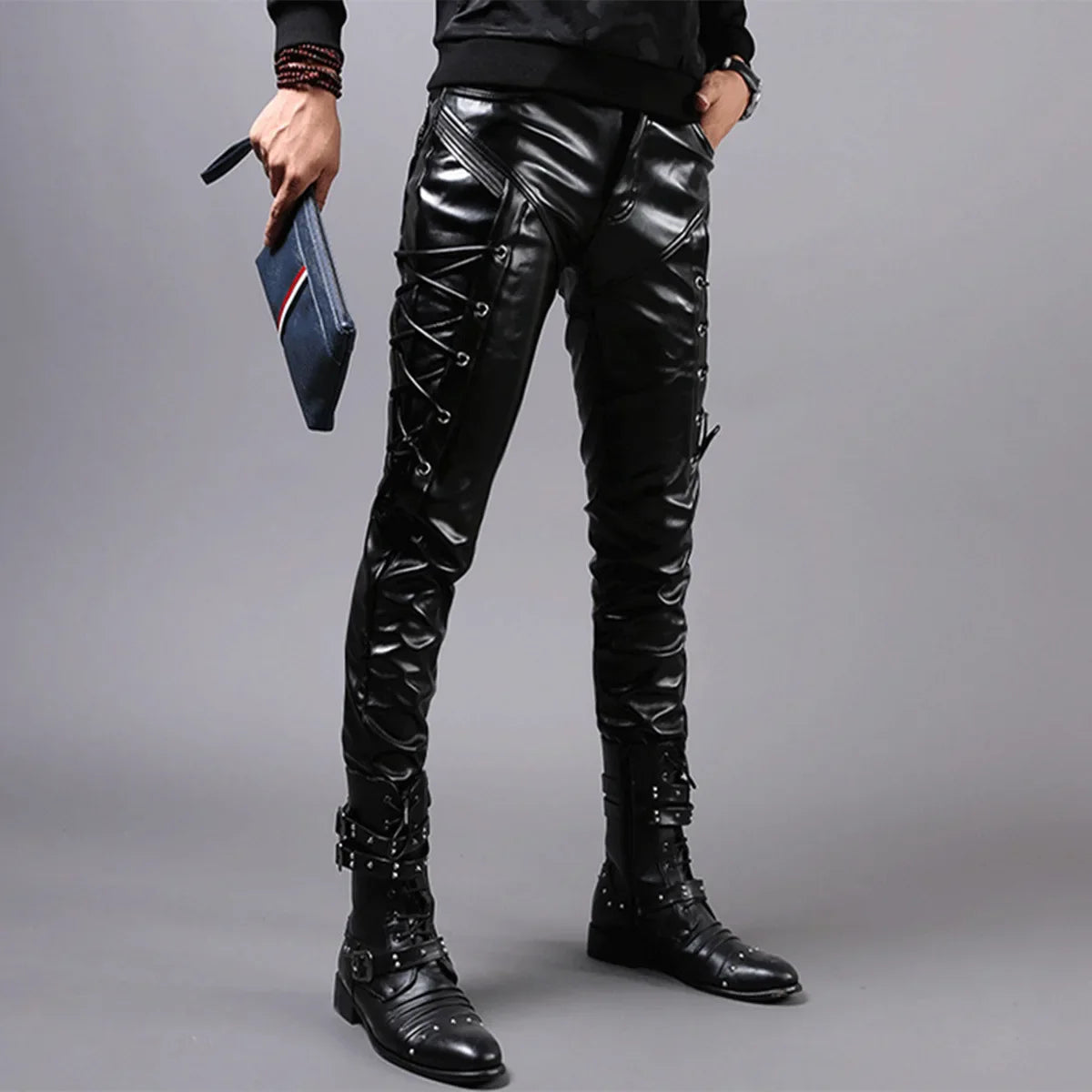 saferido Men's Fashion Leather Pants Tight Elastic Tie Cord Punk PU Pants Men's Motorcycle Pants Thin Style