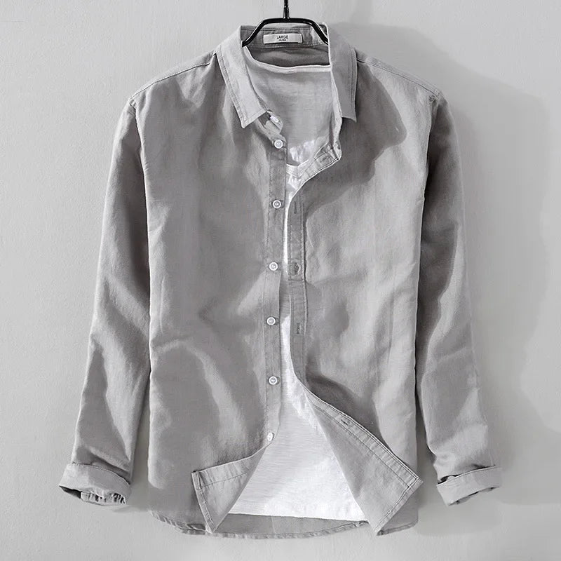 spring autumn new men's shirts fashion lapel casual long-sleeved cotton and linen shirts loose breathable linen shirts