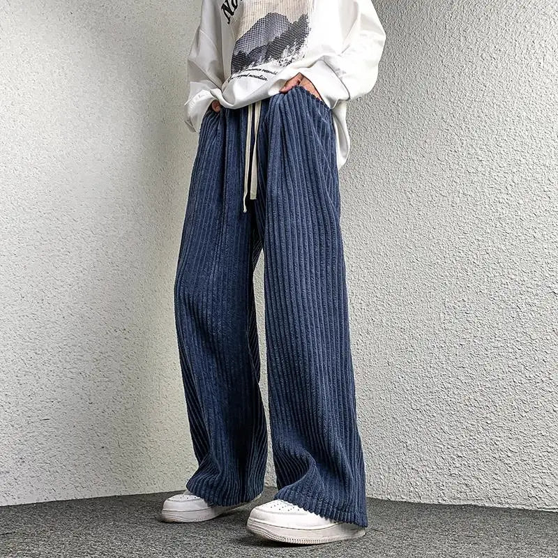 saferido Corduroy Pants Men's Straight Pants Solid Color Drawstring Unisex Wide Leg Oversized Trousers Casual Japanese Style Male Pants