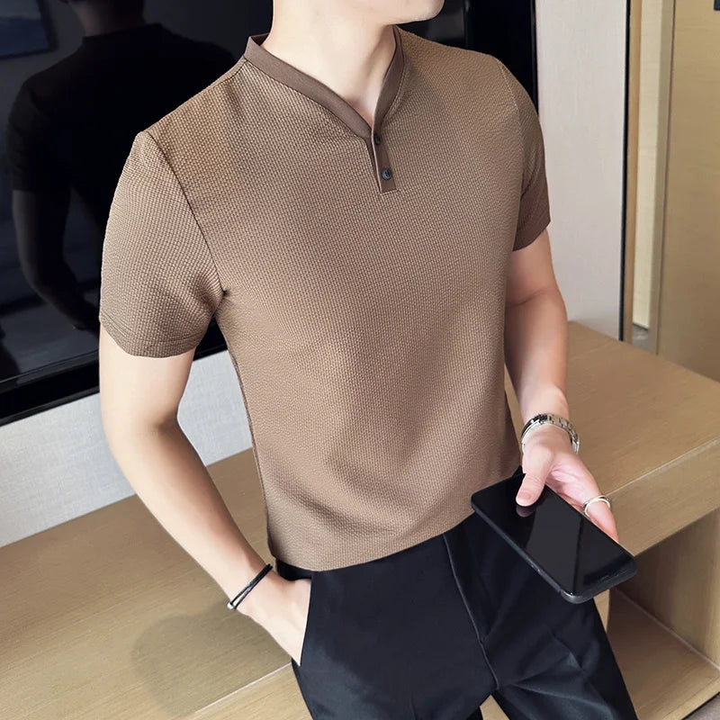 saferido Korean Style Men's Summer High Quality Casual Short Sleeve Knitted T-shirt/Male Slim Fit Fashion Ice Silk V-neck T-shirt S-4XL