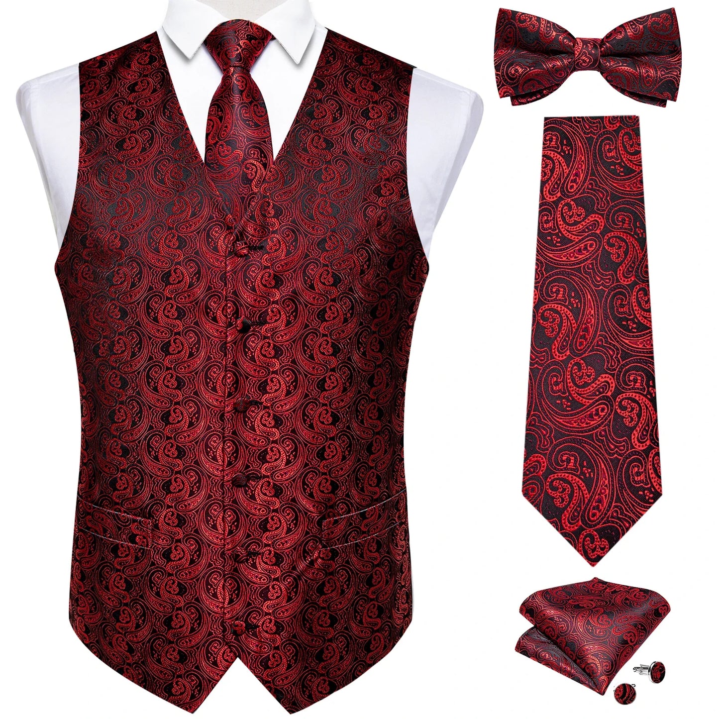 Men Black Paisley Vest Necktie Bowtie Pocket Square Cufflinks Dress Set Classic 5 PCS Business Waistcoat for Man