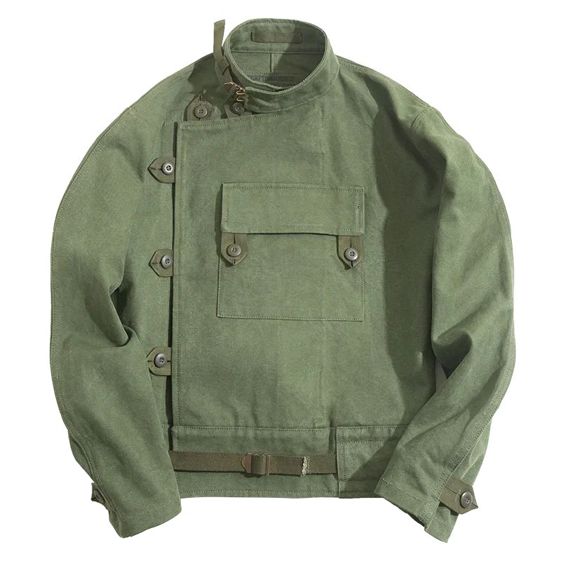 Army Green Retro bomber Jackets Misplaced Oblique Buckle Swedish Motorcycle Men's Cotton Autumn Winter Coat