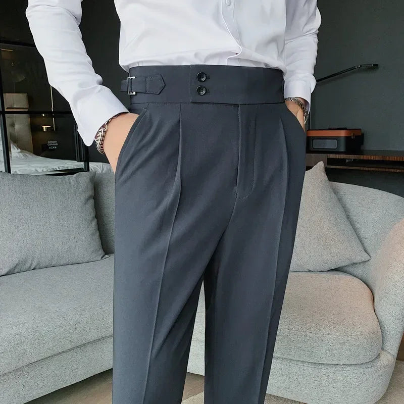 Men Suit Pants Solid Color Slim Fit Spring Autumn Streetwear Elastic Waist Straight Pants Male Business Office Formal Trousers