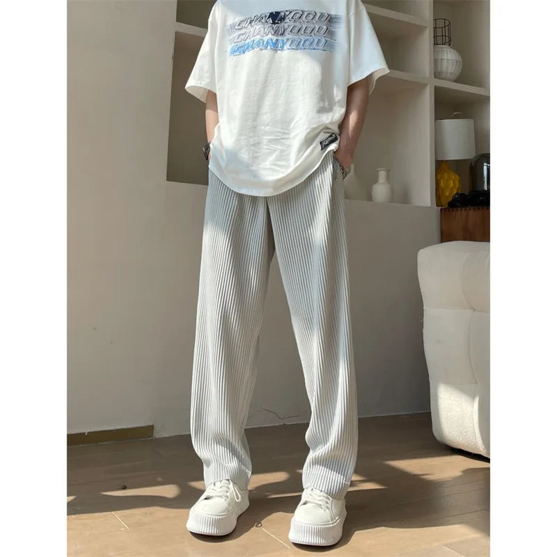 saferido Summer Pleated Pants Men Oversized Fashion Casual Ice Silk Pants Men Streetwear Hip Hop Loose Wide Leg Pants Mens Trousers S-2XL