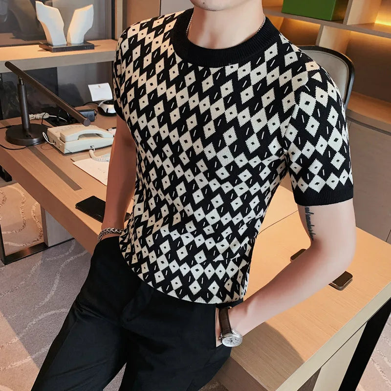 saferido Korean Style High Quality For Men Plaid Short Seeve Knit Sweater/Male Slim Fit Fahion O-Neck Set head Knit Sweaters Homme