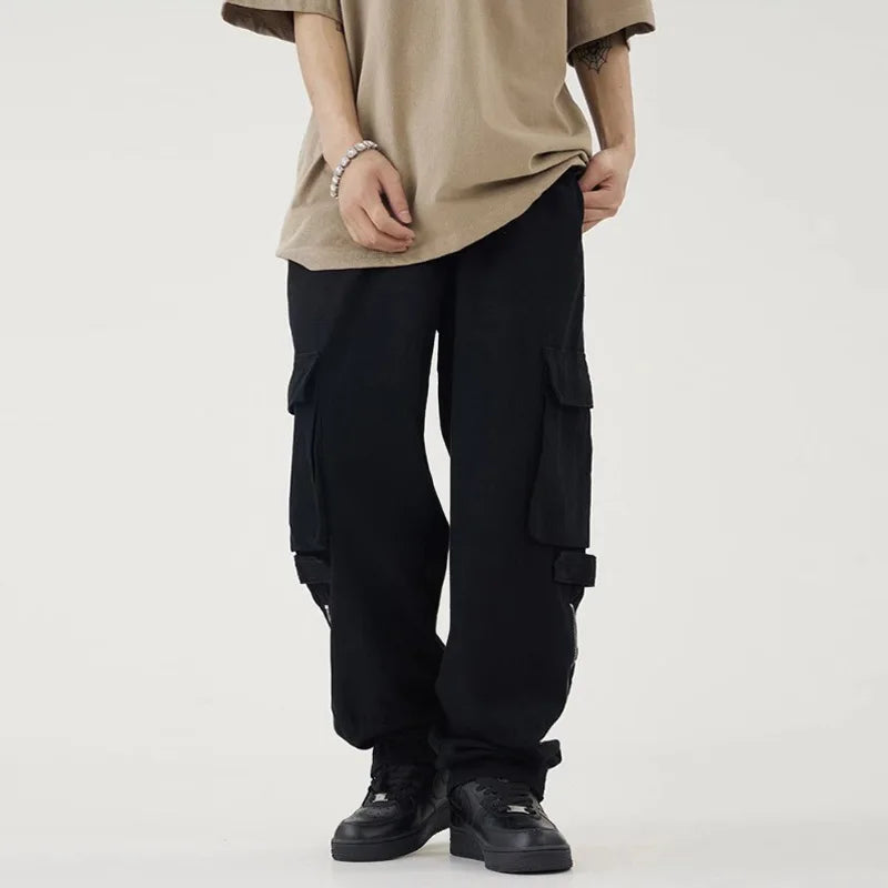 saferido Men Vintage Cargo Pants 2024 Spring Fashion Solid Pocket Simple Casual Loose High Street High Waist Male Straight Leg Trousers