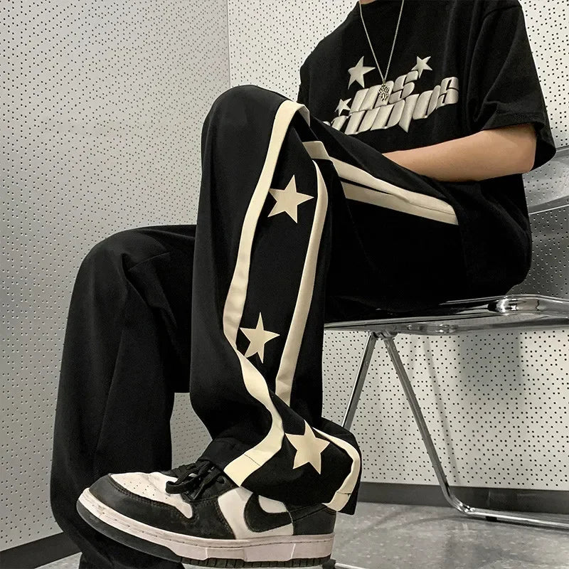 saferido Y2K Star Sweatpants Men Black Sports Pants Wide Leg Trousers Male Japanese Streetwear Hip Hop Graphic Loose Casual