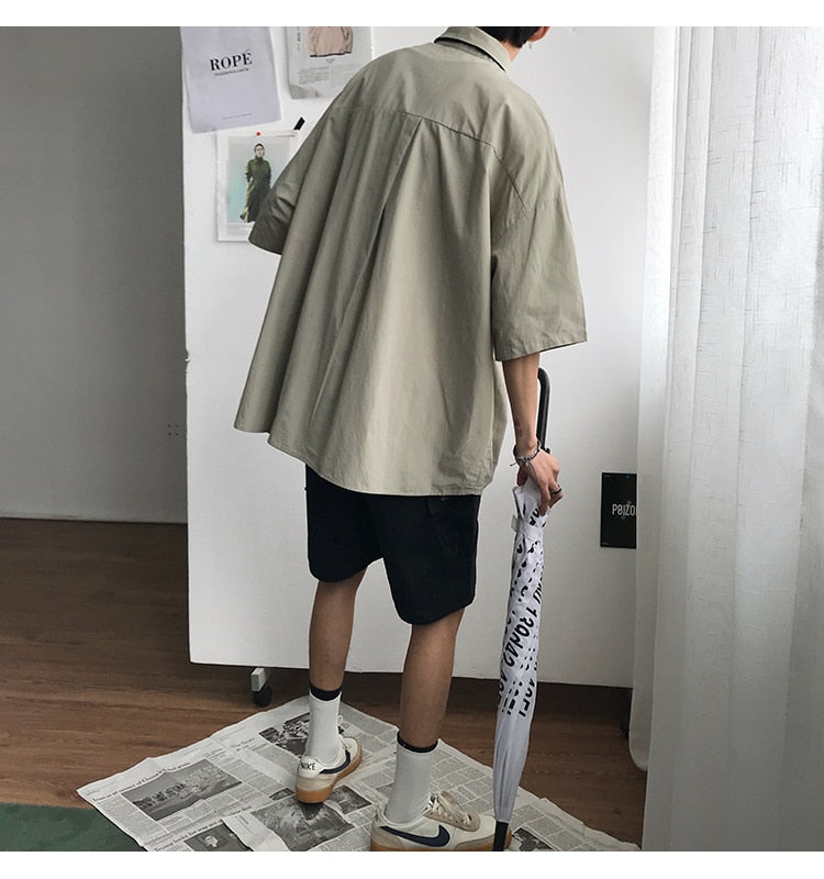 saferido Summer New Fashion Loose Solid Shirts Men's Casual Short Sleeve Shirts Turn-down Collar Clothing Blouses Tops Q02