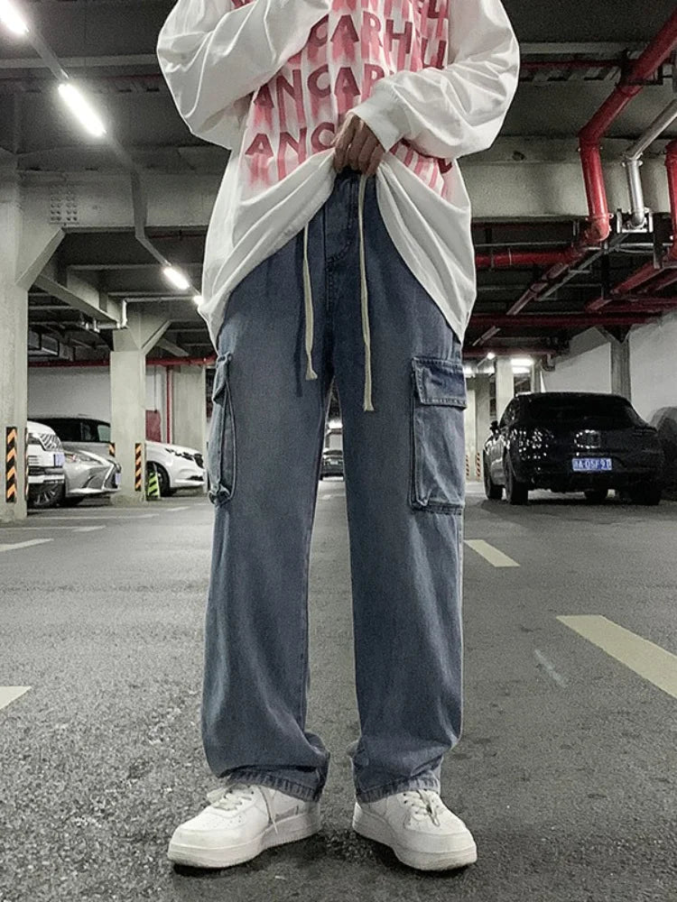 saferido Unisex Workwear Jeans Men Hip Hop Streetwear Denim Pants Spring Autumn Chic Hong Kong Style Wide Leg Straight Trousers