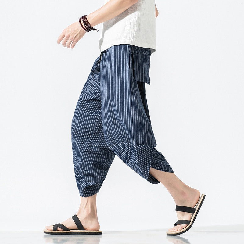 HOUZHOU Striped Cotton Linens Pants for Men Oversize Harem Cropped Trousers Male Summer Casual Beach Japanese Streetwear Hip Hop