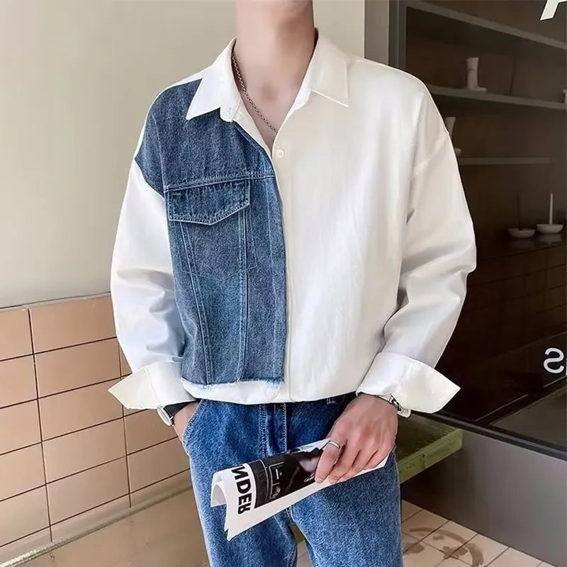 Daily Streetwear Mens Denim Patchwork Shirt Clothes Fashion Turn-down Collar Long Sleeve Button Shirts For Men Fall Casual Tops