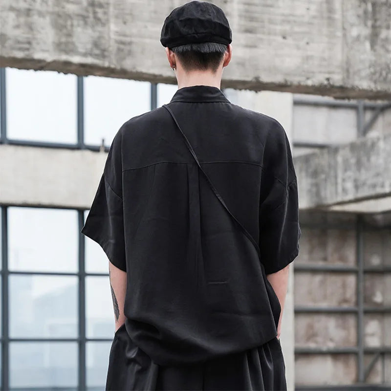 saferido Black Oversized Short Sleeve Shirt Men's Korean Style Drop Shoulder Shirt Harajuku Loose Single Breasted Shirt