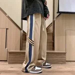 saferido Youth Korean Trendy Loose Straight Casual Pants Patchwork Elastic Waist Pockets Stripe Contrast Sports Loose Wide Leg Trousers