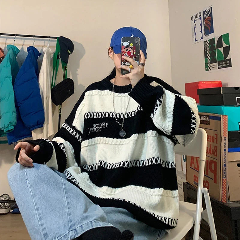 saferido Patchwork Striped Men's Knitted Sweater Blue Pullovers Punk Black Sweaters Male Oversize Korean Streetwear Hip Hop