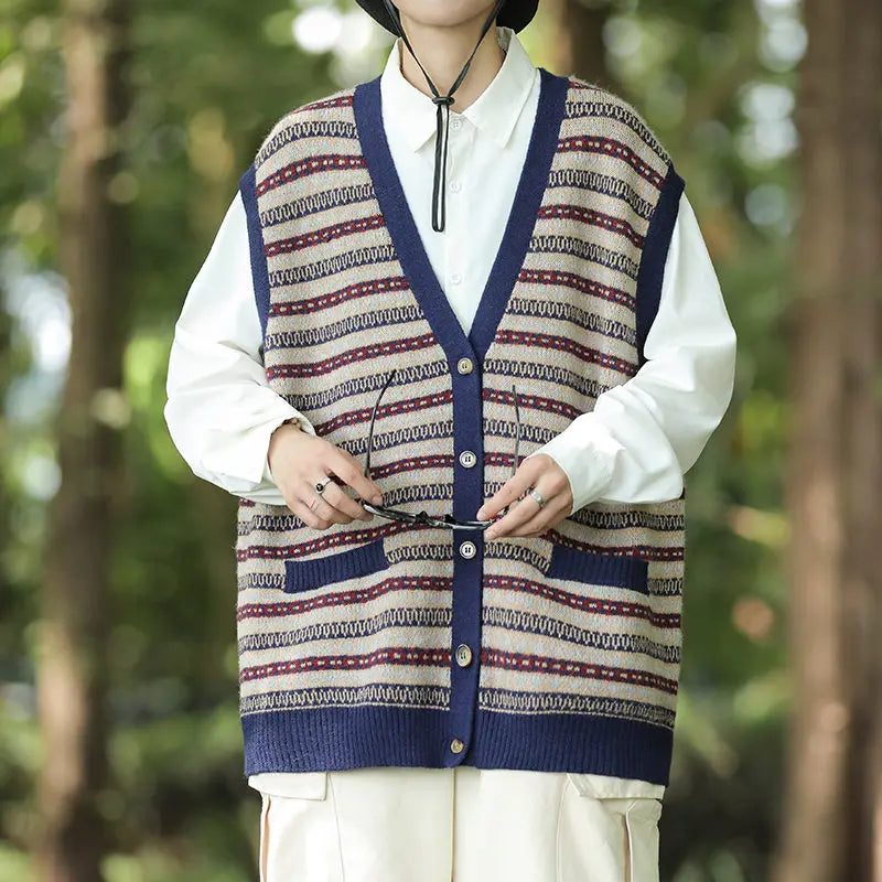 saferido New Spring and Autumn Sleeveless Knitted Cardigan Men's Clothing Waistcoat Contrast Color Casual Sweater Vest Coat Fashion V26