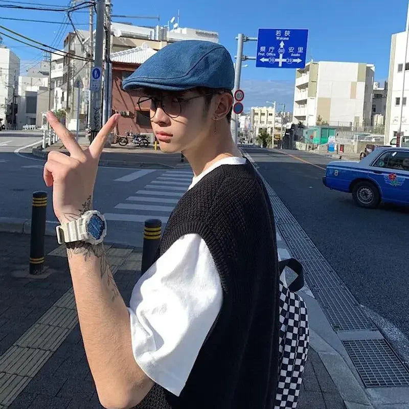 saferido Men's Clothing Solid Color Vest V Neck Waistcoat Knit Sweater Male Plain Blue Baggy Sleeveless Korean Style Spring Autumn