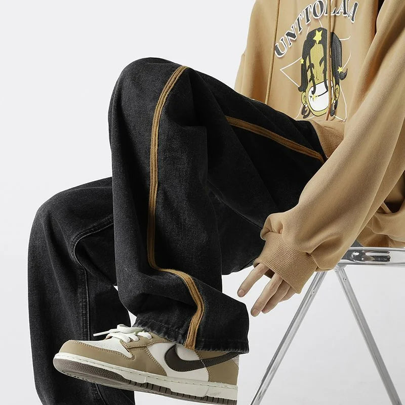 saferido American High Street Trend Fashion Street Wide Jeans Men's Drawstring Pocket Patchwork Folds Washed Casual Loose Straight Pants