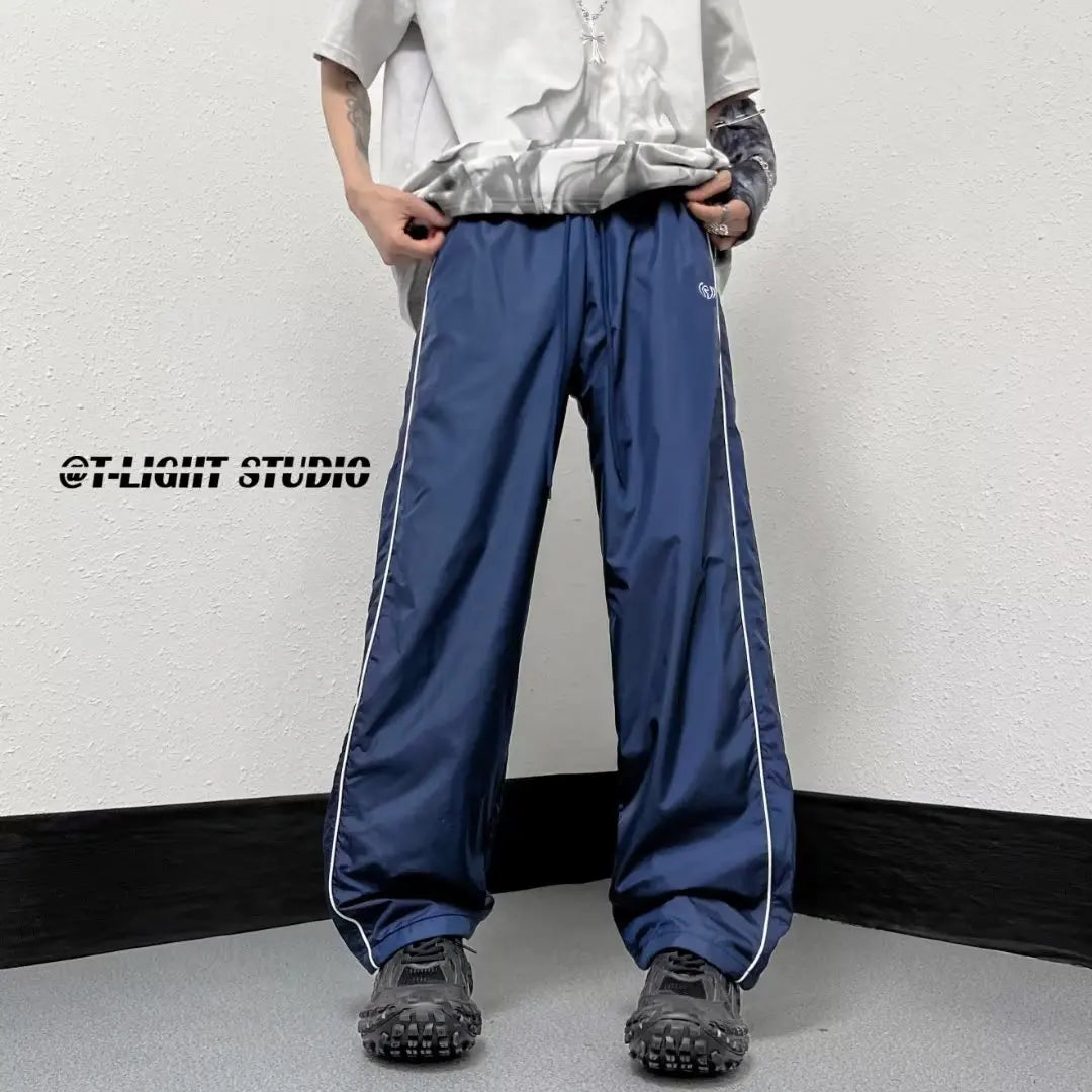 saferido KPOP Fashion Style Harajuku Slim Fit Sweat Pants Loose All Match Casual Pants Stripe Pockets Straight Cylinder Wide Leg Pants