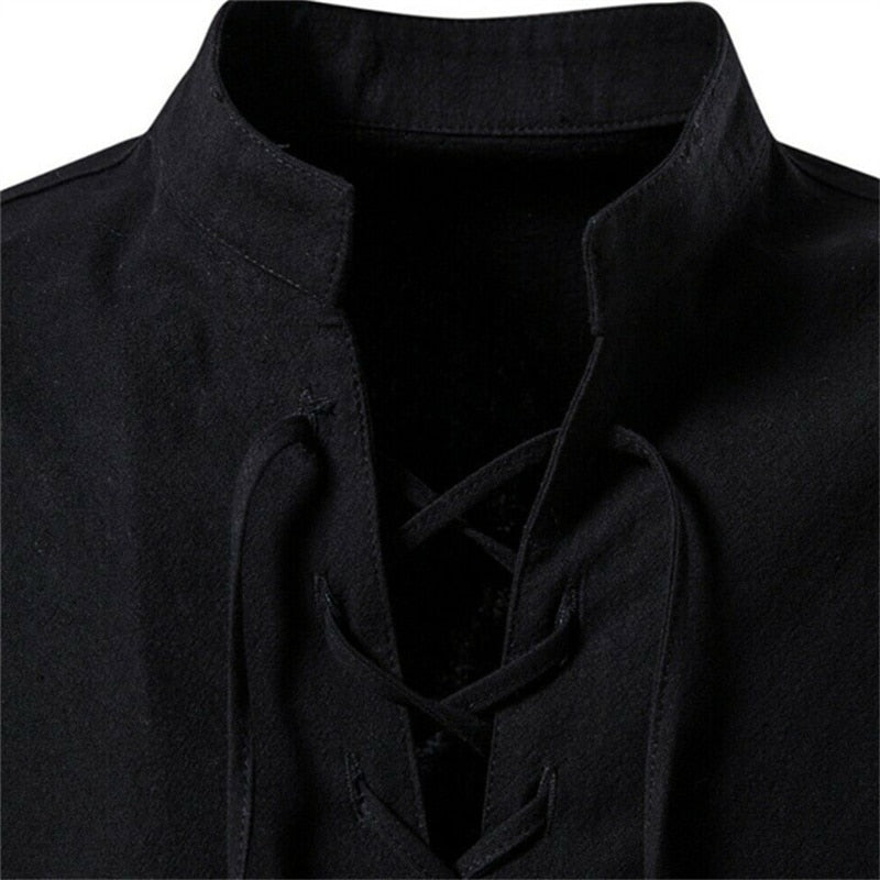 Men's V-neck shirt T-shirt Fashion Vintage Thin Long Sleeve Top men Casual Breathable Viking Front Lace Up man Shirts