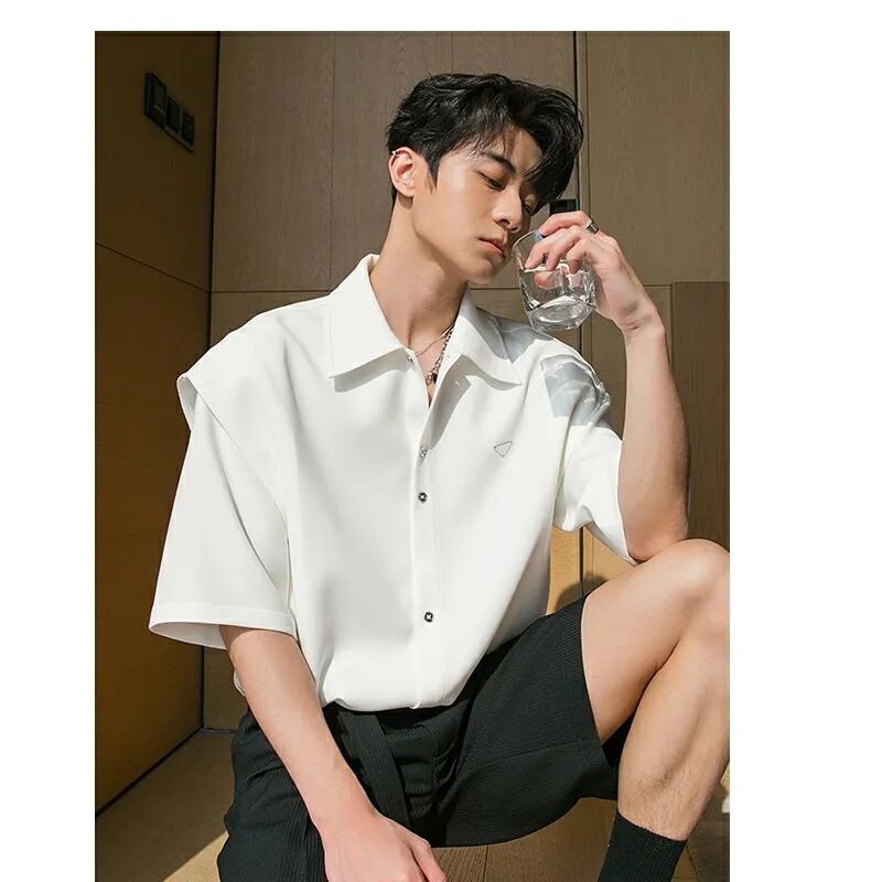 Young Style Solid Shirts Man Premium Temperament Button Short Sleeve Turn-down Collar Loose Office Handsome Men's Clothing