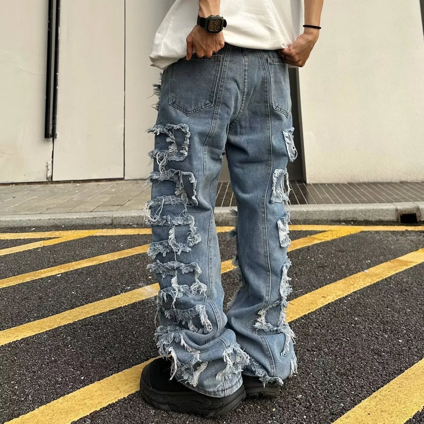 saferido Individualized patch jeans men American high street hip-hop fried street beggar pants blue loose small crowd mopping