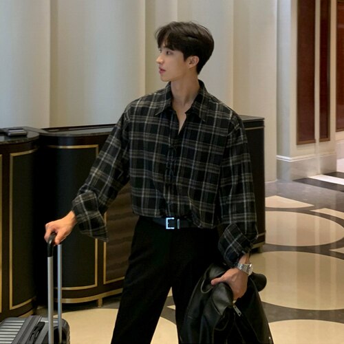 Men Spring Autumn New Korean Casual Shirts Male Plaid Single Breasted Blouses Men Long Sleeve Loose Shirts V46