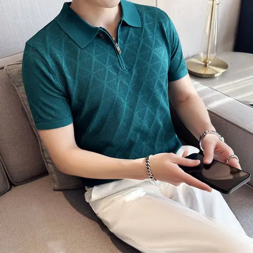 saferido Korean Style Men's Summer Casual Knitted Polo Shirts/Male Slim Fit Fashion Zipper Design Hollow Out Polo Shirts S-3XL