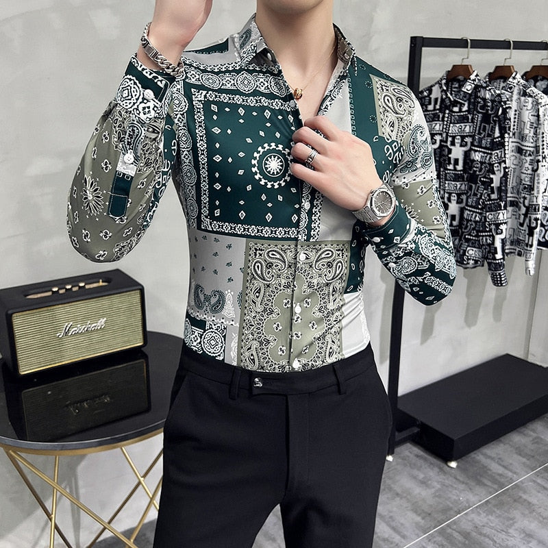 British Style Fashion Green Printed Shirts Men Retro Slim Fit Long Sleeve Floral Shirt Streetwear Homme Social Party Clothing