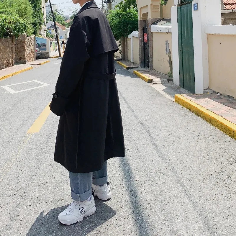 saferido Korean Style Trench Men Coat Male Streetwear Windbreaker Trenchcoat Solid Business Casual Streetwear Loose Long Overcoat
