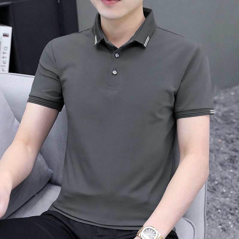 Brand Summer Oversized T Shirt Men New Turn-Down Collar Short-sleeved T-shirt Casual Solid Color Slim Fit Clothing