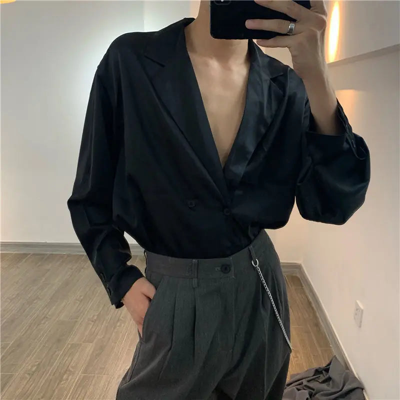 Spring New Deep V-neck Shirt Men Thin Solid Color Korean Style Mens Shirts High-end Design Double-breasted Long Sleeve Shirt