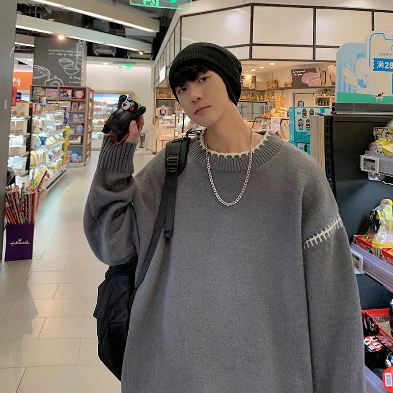 saferido Men's Knit Pullovers Sweaters and Jumpers Vintage Retro Sweater Knitted Pullover Men Korean Streetwear Hip Hop Spliced