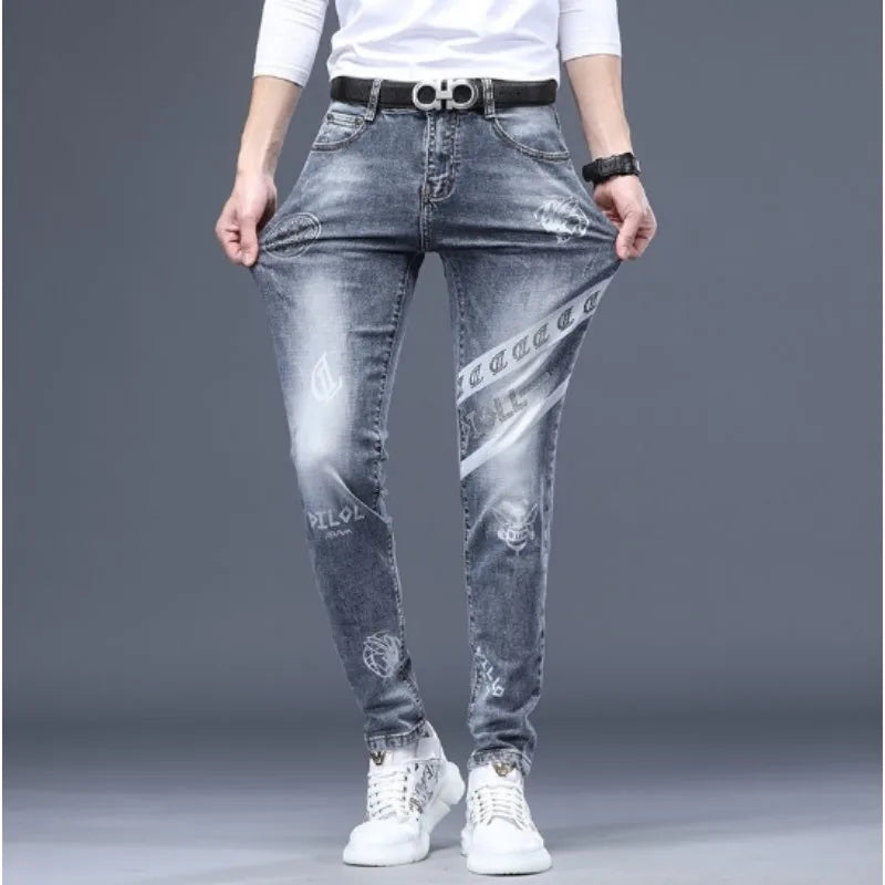 saferido Mens Denim Print Pants Jeans Korea Slimming Trendy Casual Jeans All-match Streetwear Light Luxury Men Jeans Pants for Men