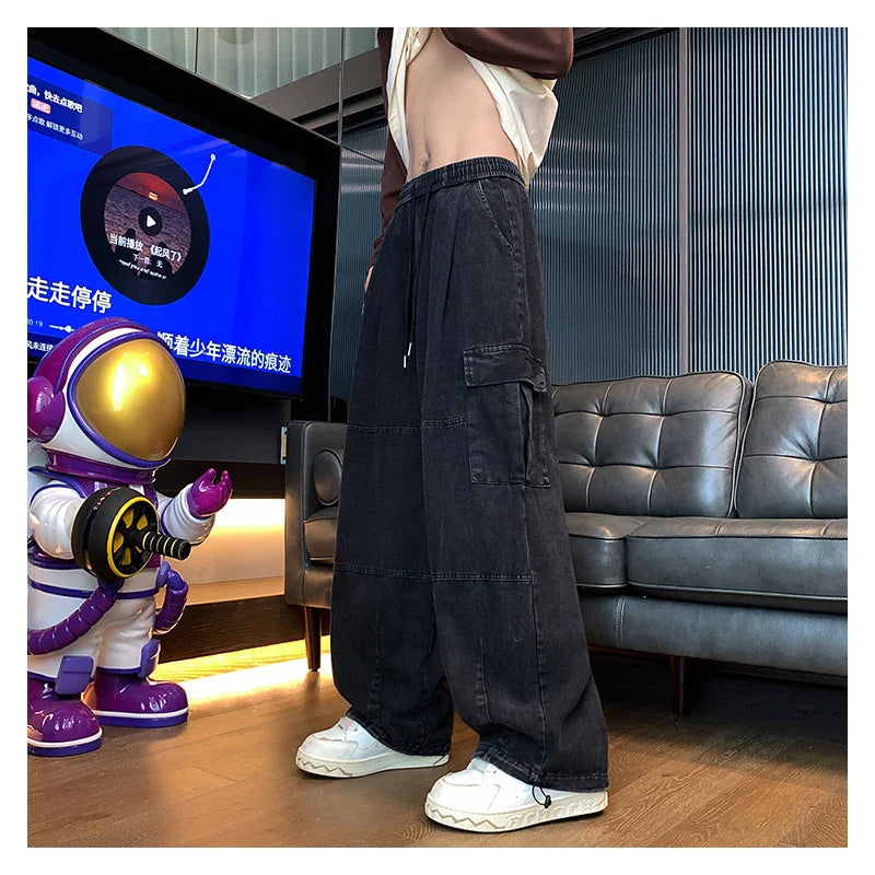 saferido Multi-Pocket Washed Cargo Pants Men Women Y2K Vintage Streetwear Loose Oversized Straight Wide-Leg Jeans Dark Green/Purple