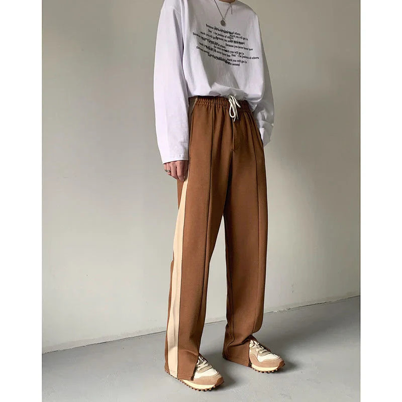 saferido Korean Men's Loose Elastic Waist Casual Pants Open Fork Wide Leg Pants Vintage Trousers Green/brown Joggers Sweatpants