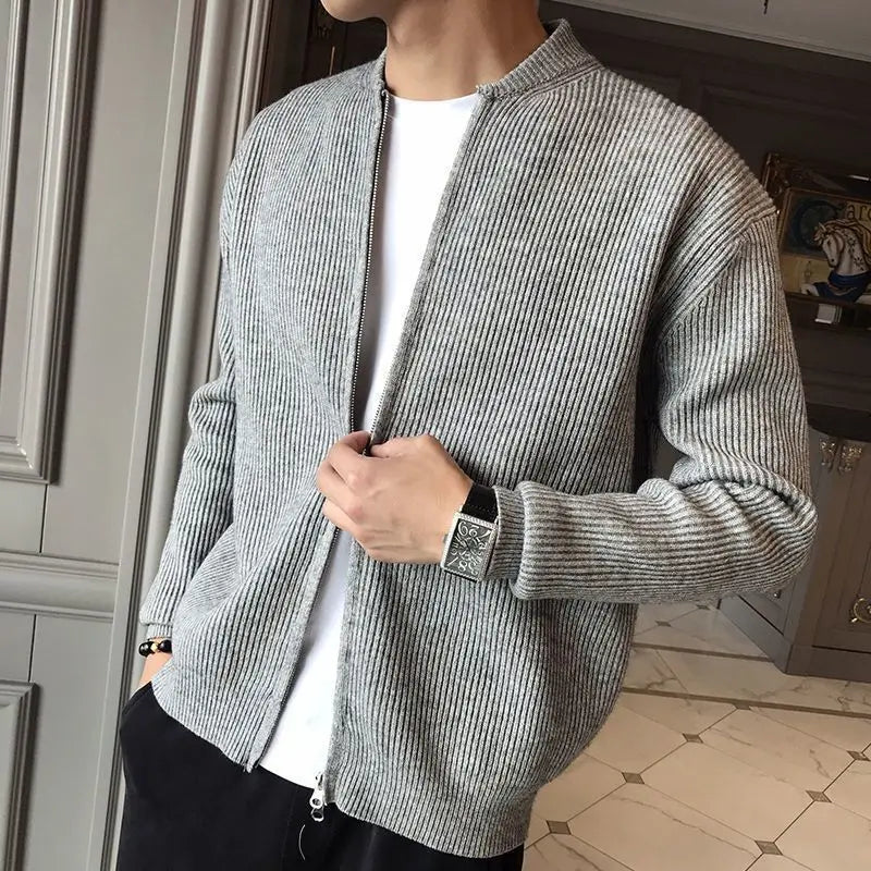 New Spring and Autumn Korean Edition Trend Stand Collar Solid Color Pit Stripe Slim Fitting High-end Men's Sweater Cardigan