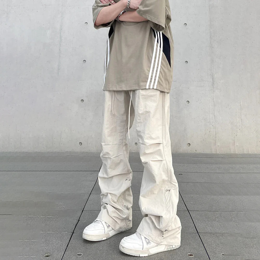 saferido Baggy Cargo Pants Men Y2k Streetwear Bright White Straight-leg Autumn Elastic Waist Wide Leg Casual Oversized Stacked Trousers