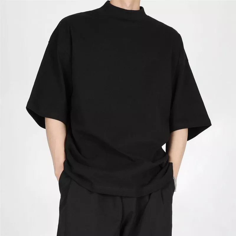 saferido High Quality Luxury Solid Color T-shirt Niche Crew Neck Japanese Short Sleeve T-shirt Men Summer Loose Casual Bottoming Shirt