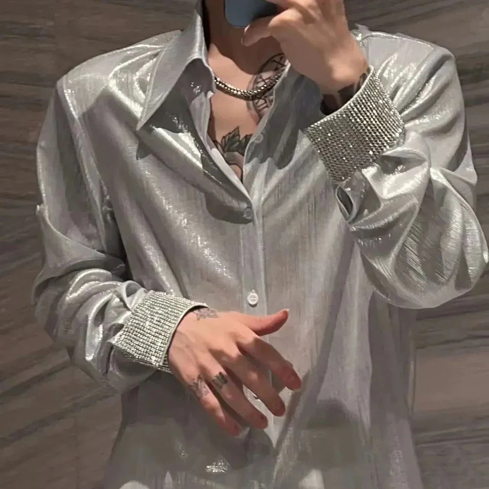 saferido Mens Nightclub Shiny Personalized Non-Diamond Shirt Autumn Winter Genderless Korean Style Fashion Versatile Long-Sleeve Shirt